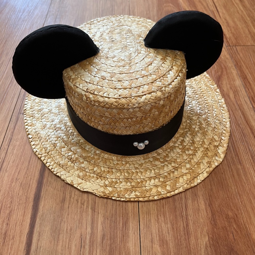 Canotier Straw Hat with Mickey pearl bow